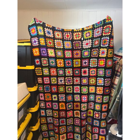 Vintage Handmade Granny Square Crochet Blanket Throw 67x47 Inches Black Multicol - Picture 1 of 6